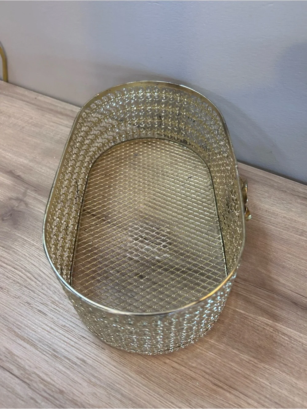 Gold Decorative Glass Basket with Floral Accent MCM Vanity Basket